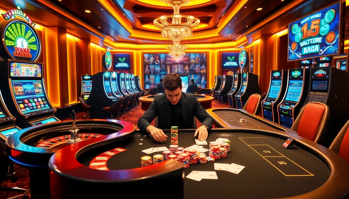Experience the excitement of betting at cm88 in a luxurious casino setting with vibrant gaming elements.