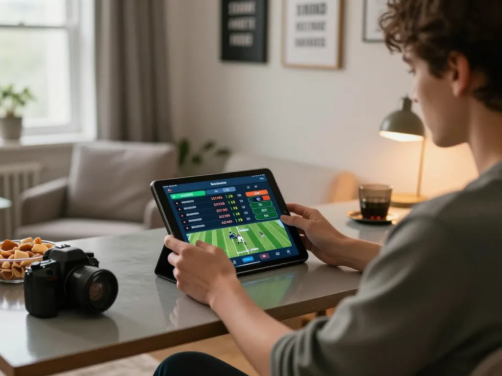 Online sports betting session on 789BET tablet, showcasing engaging odds and user-friendly interface in a cozy setting.