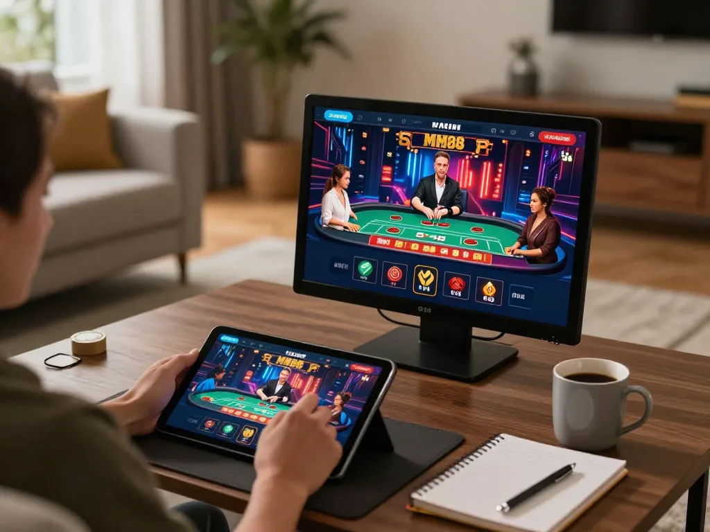 Play games on MM88 with a tablet, showcasing a cozy online casino experience at home