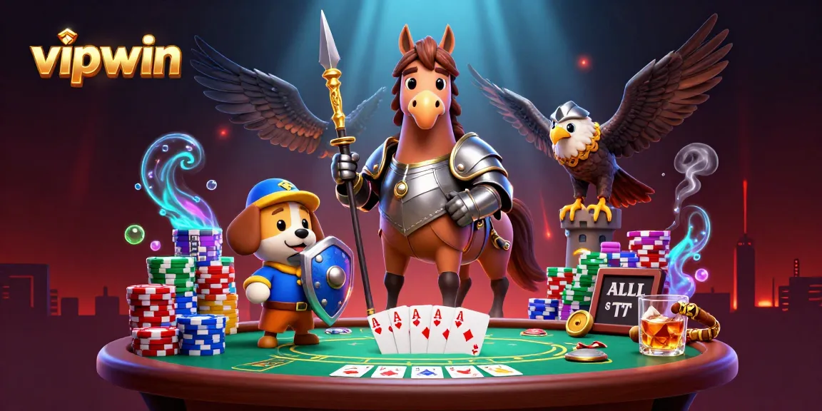 Engage with vipwin through an exciting medieval casino scene featuring knights and poker elements.