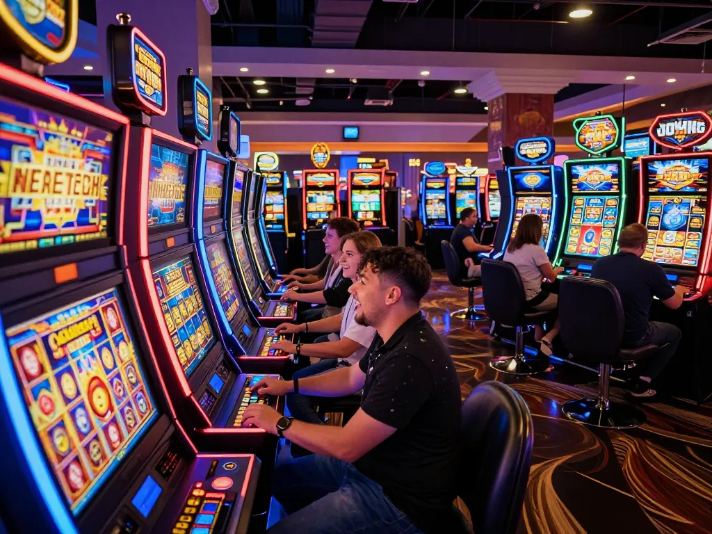 Kong88 players enjoying vibrant slot machines in an exciting casino atmosphere