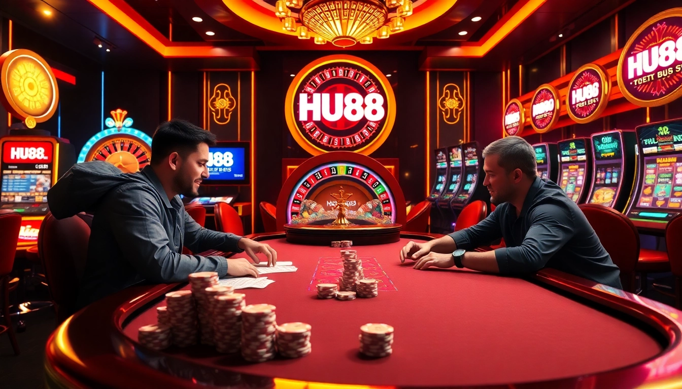 Players enjoying a thrilling game at HU88 casino tables surrounded by exciting gambling elements.