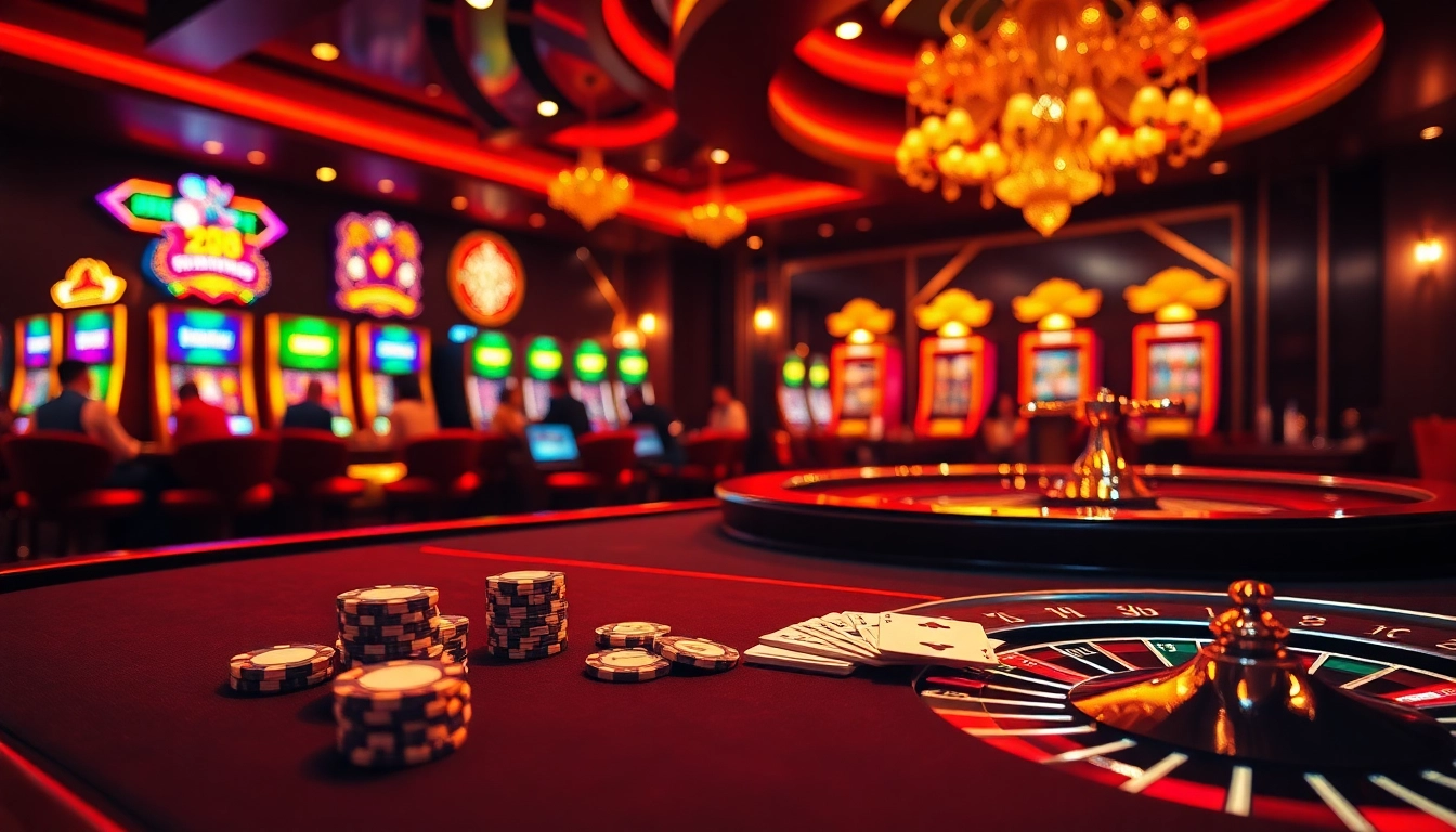 ZK88 casino scene highlighting an exciting poker table and vibrant slot machines in a luxurious gambling environment.