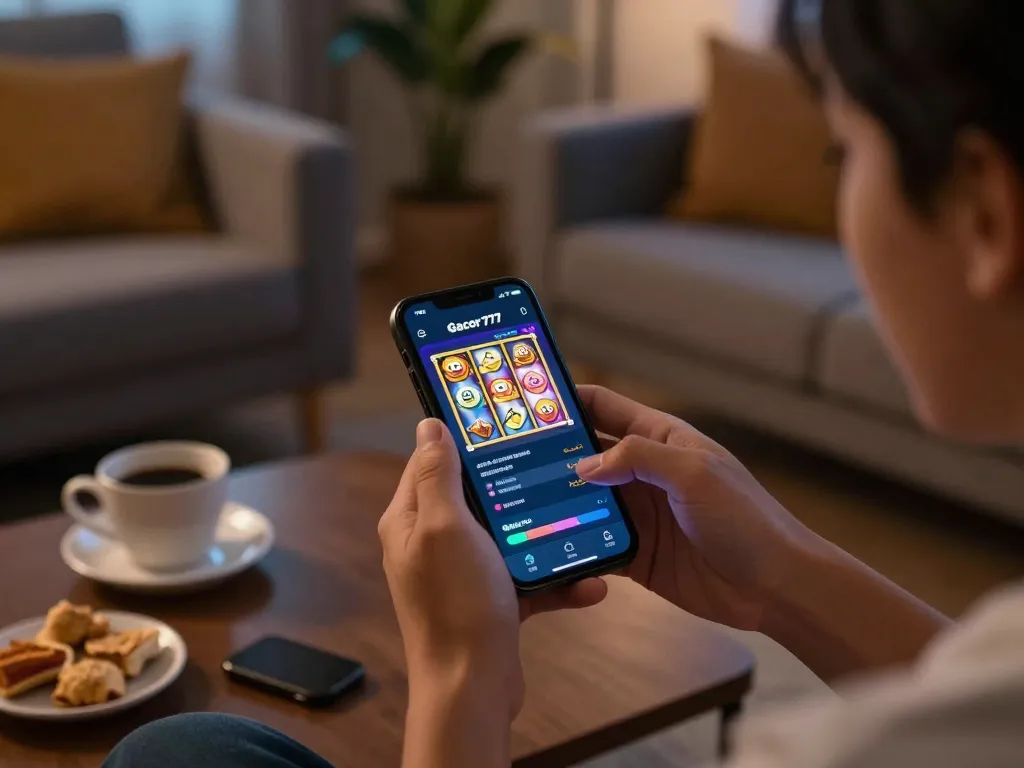 Player enjoying slot gacor 777 on a smartphone in cozy home setup, emphasizing engaging gameplay and relaxed atmosphere.
