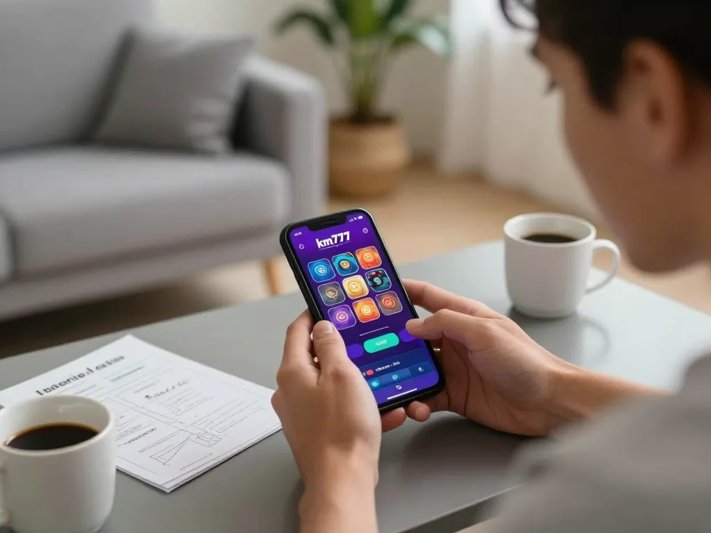 Engaged player exploring km777 casino app on phone, showcasing responsible gaming lifestyle