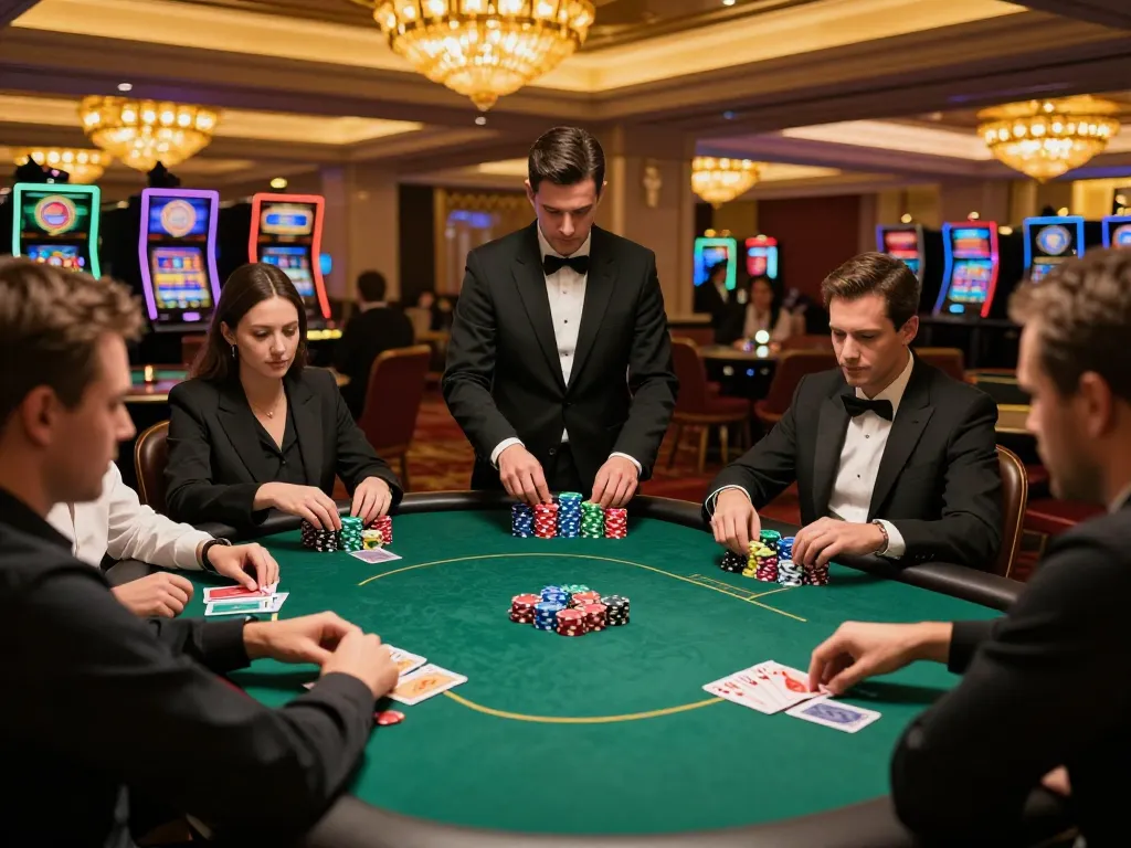 Players engaged in a dynamic poker game at an upscale casino featuring max88-themed gameplay elements.