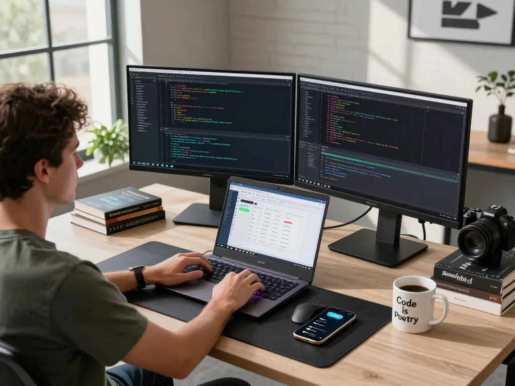 Molt bot in action at a modern software development workspace, showcasing coding, technology, and collaboration elements.