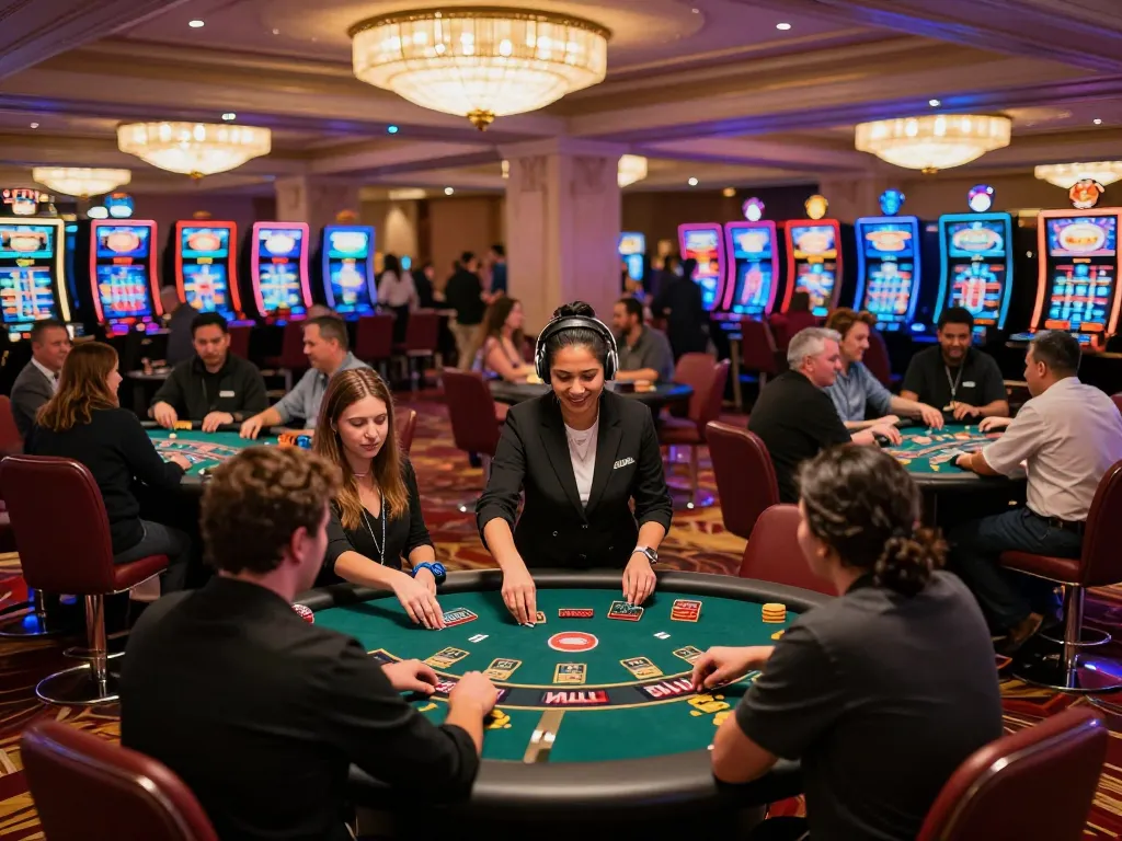 Players enjoying lively blackjack games at LV88 casino with dealers managing bets.