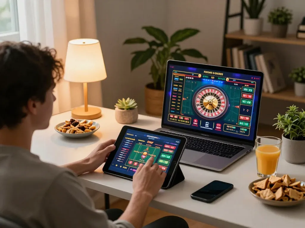 Player enjoying 789p casino app on tablet during a cozy home gaming session.