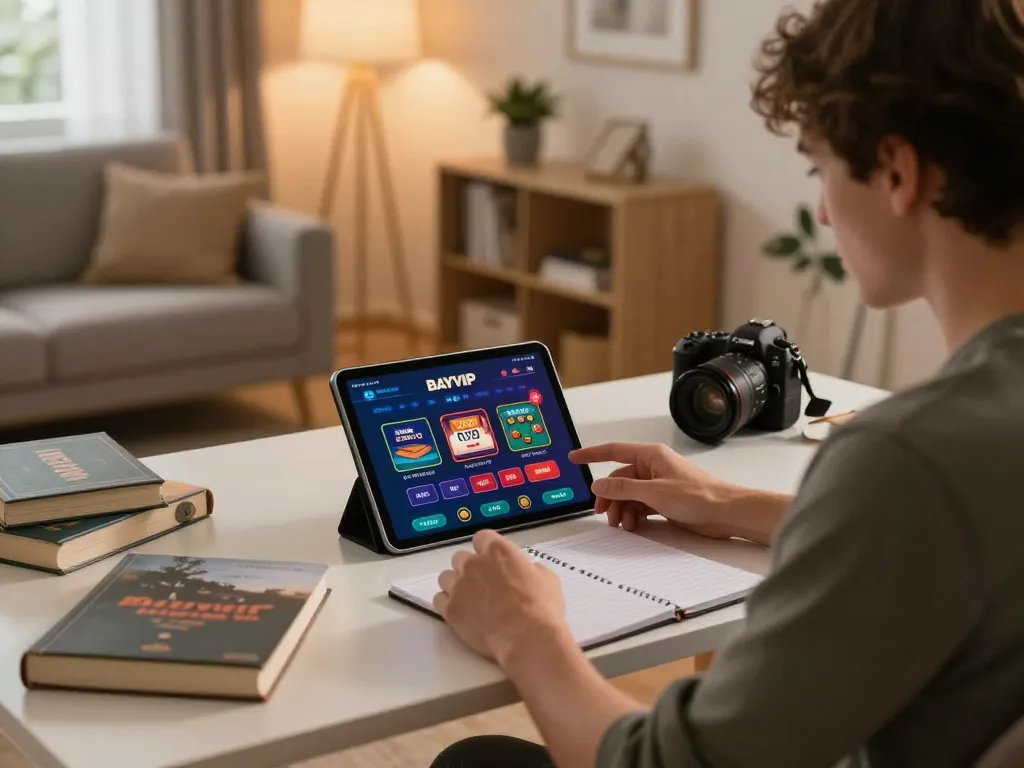 BAYVIP player engaging in online casino gaming at home with tablet interface.