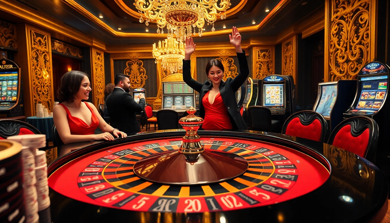A player celebrates a winning moment at the luxurious casino atmosphere of https://kjc.se.net/, surrounded by roulette and poker elements.