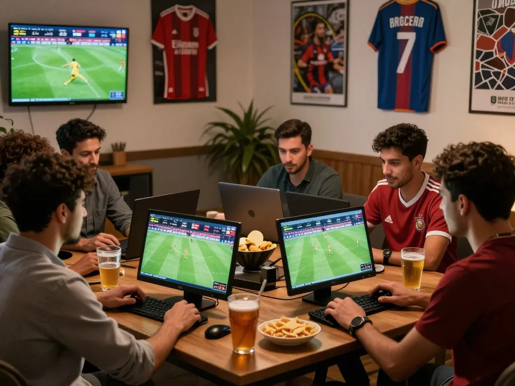 Analyzing kết quả bóng đá in a lively sports bar environment with enthusiasts.