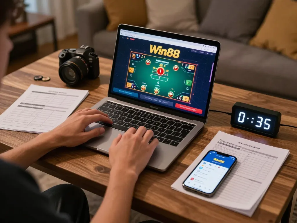 Engaging with Win88 online gaming during a cozy evening at home with poker interface on screen