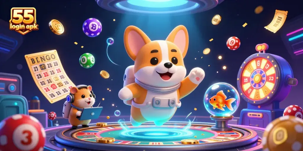 Engage with the thrilling 55 club login apk experience in a vibrant casino scene with characters and lottery elements.