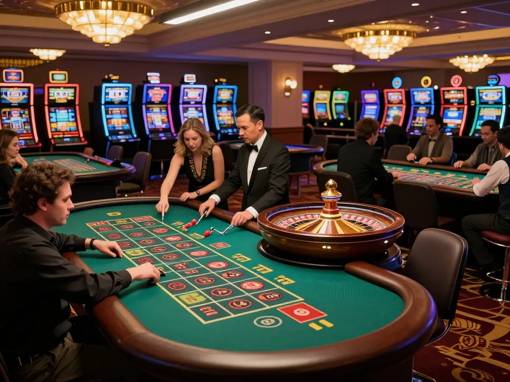 Players engaging at roulette tables in a lively casino scene featuring tr88 excitement and betting.