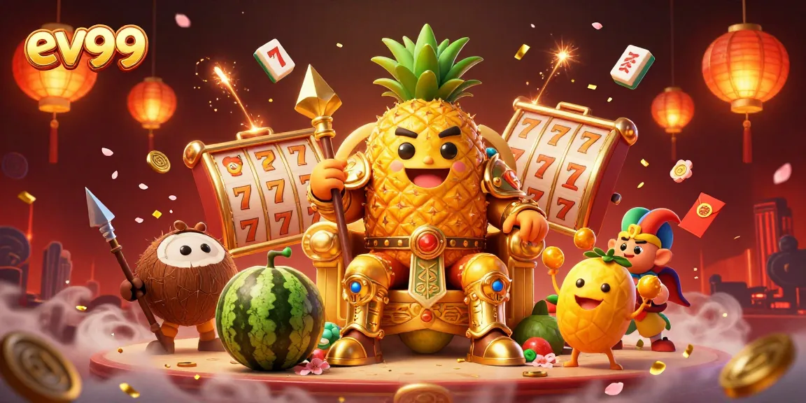 Join the action at ev99 with a vibrant casino scene showcasing a golden pineapple king and his royal entourage.