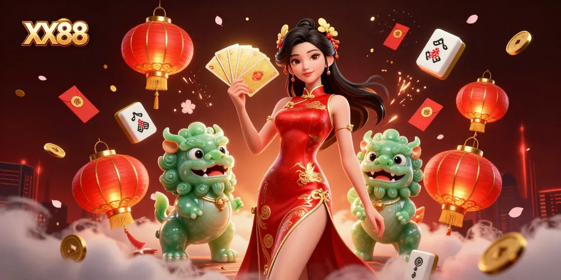 Experience the excitement of gambling at XX88, featuring a rich 3D illustration of a Qipao-clad dealer and casino elements.