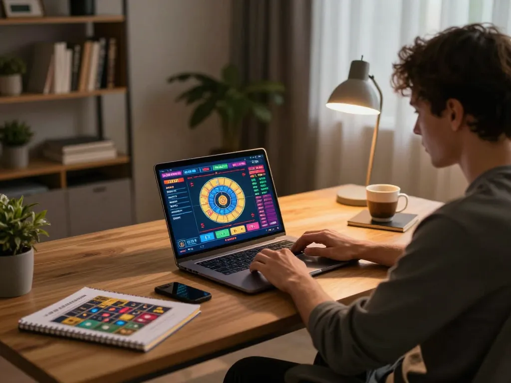 Engaged player using laptop for tài xỉu online gaming, showcasing cozy home environment with strategy materials