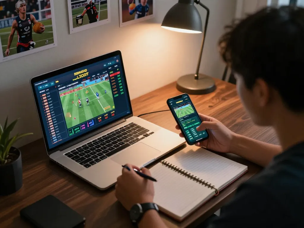 Analyzing nhan dinh keo nha cai strategies at a home betting setup with laptop and notes.