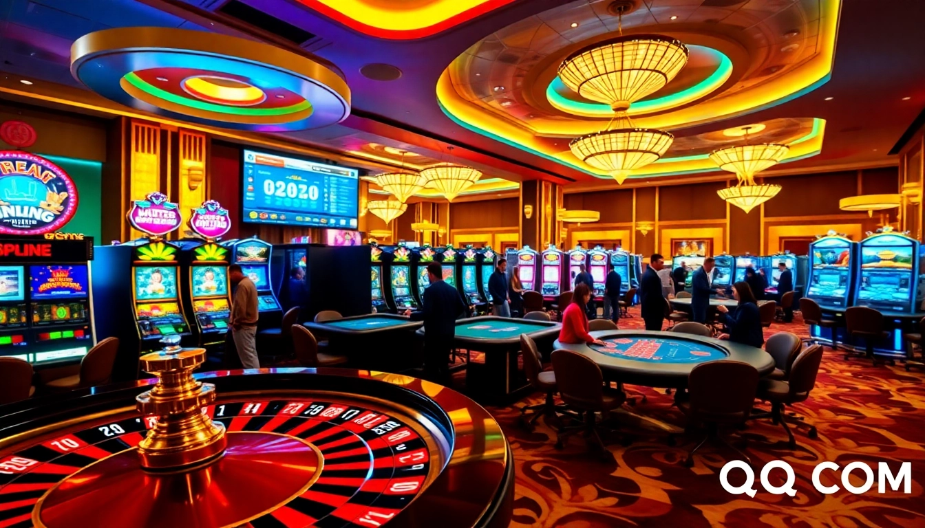 Players engaging in a thrilling game at QQ88 COM casino tables with vibrant slot machines.