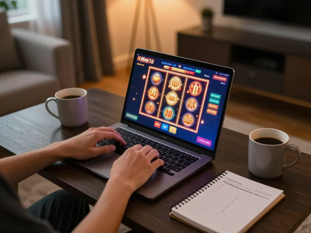 Engaging online gameplay at home with go8 casino app showing vibrant slot games and strategic notes