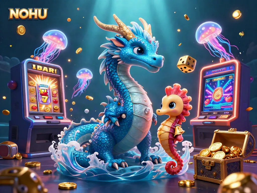 Engage with the exhilarating world of NOHU in this vibrant 3D illustration featuring a magical underwater scene packed with dynamic casino elements.