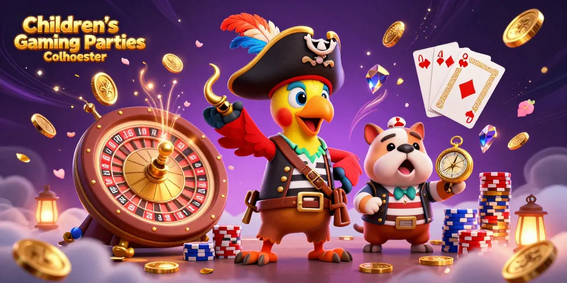 Engage in Children's Gaming Parties Colchester with a vibrant party scene featuring a pirate captain parrot, bulldog, and ship's cat amidst casino elements.