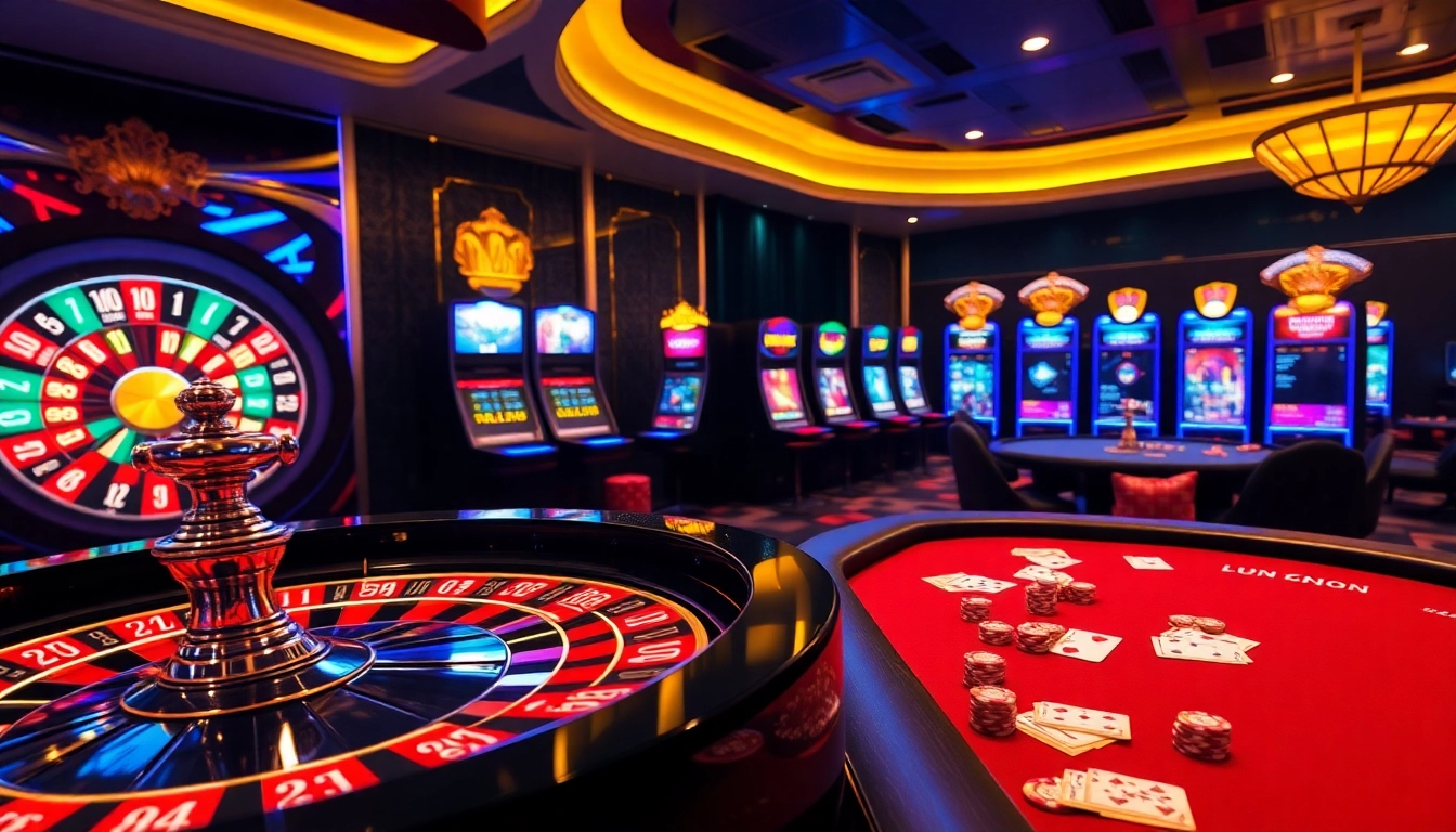 An engaging gaming scene at dom88.us.com, featuring vibrant slot machines and an inviting roulette table.