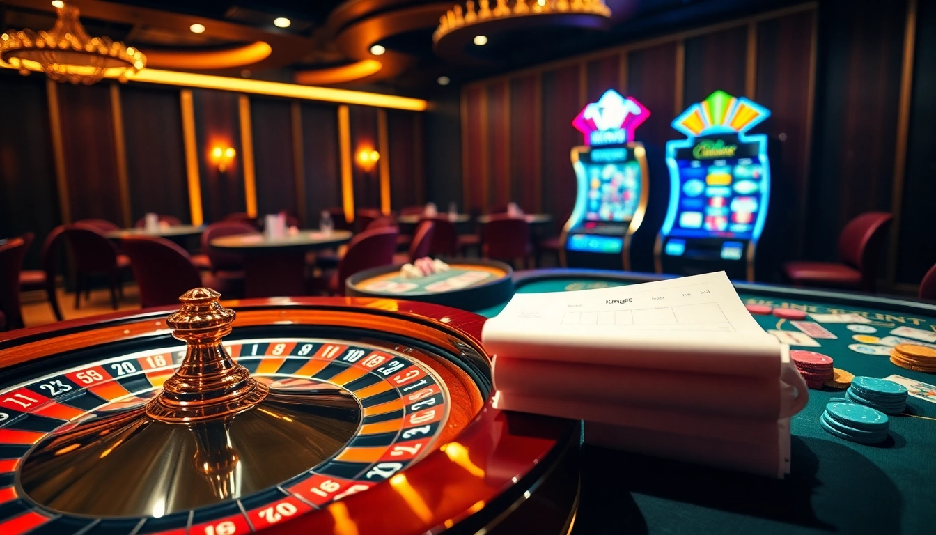 Experience the excitement of king88 with a vibrant casino scene filled with roulette wheels and poker tables.