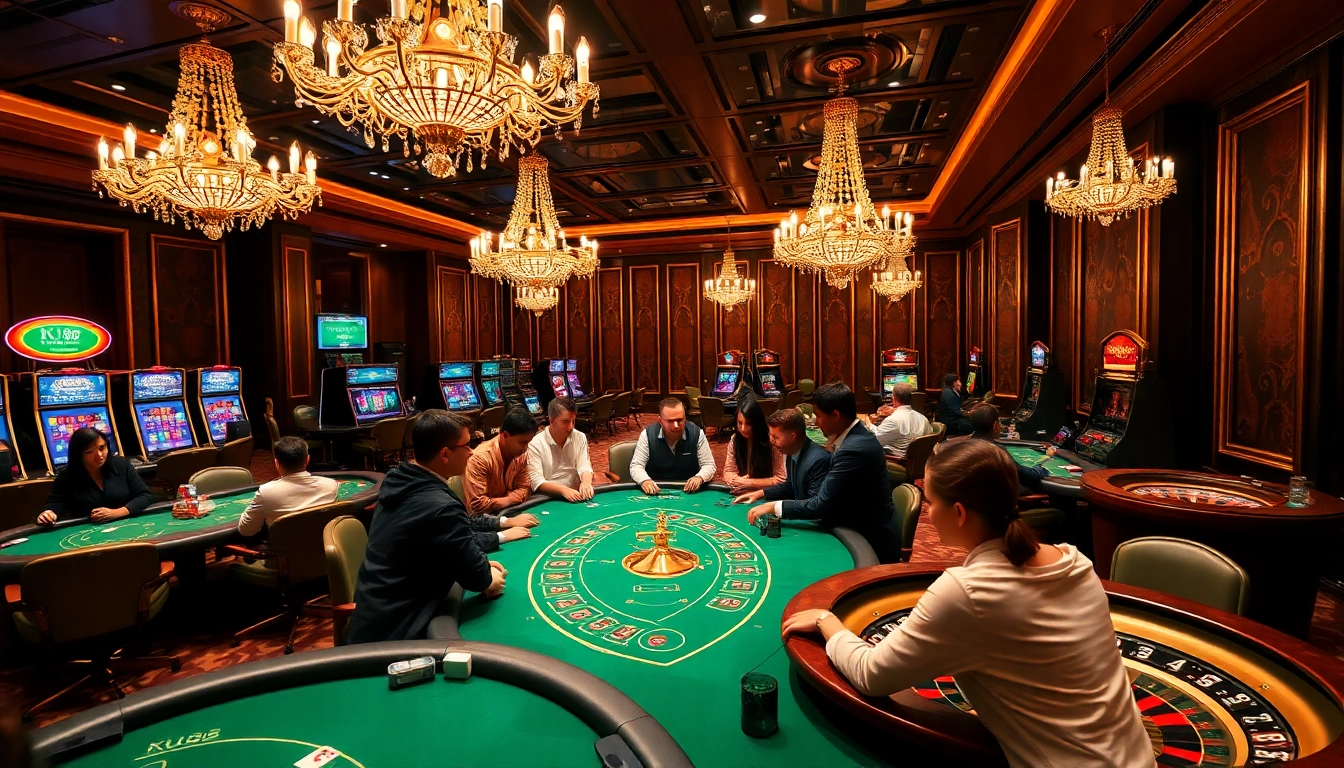 Engage in thrilling gambling at KU88's luxurious casino, featuring poker tables and roulette.