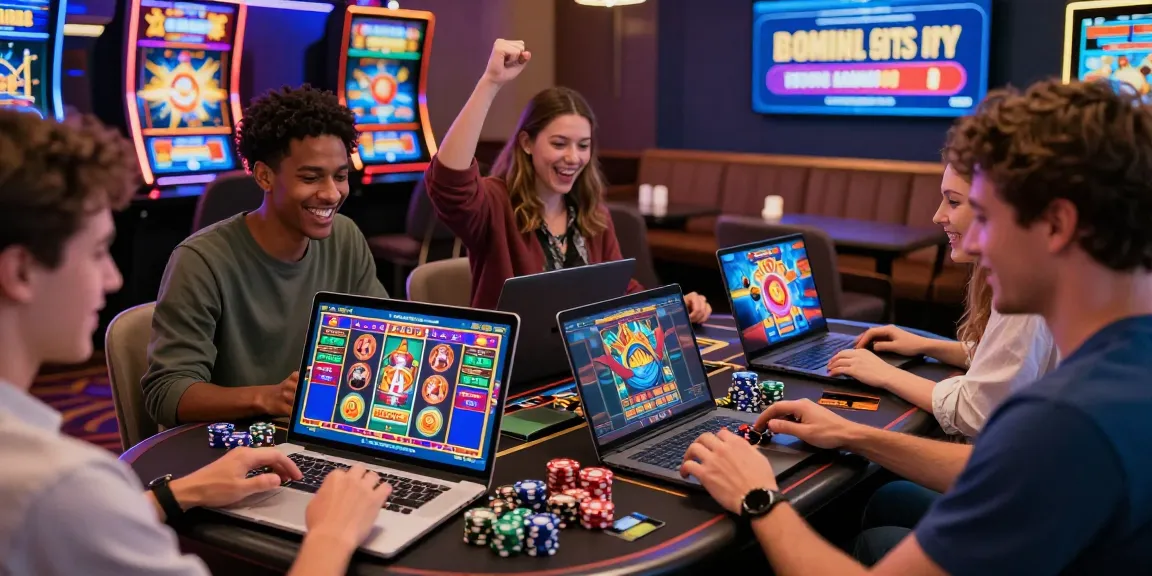 Exciting gaming scene at credit card casinos with players celebrating wins together.