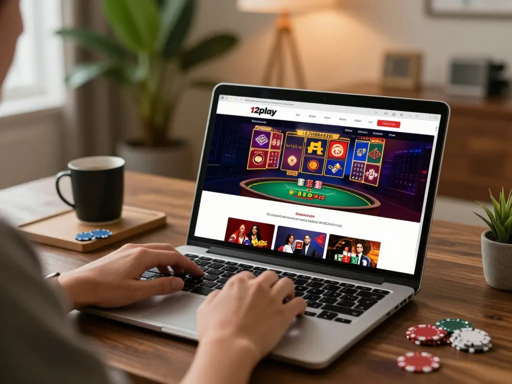 Engaging in 12play online gambling with laptop in cozy home office, displaying casino games.