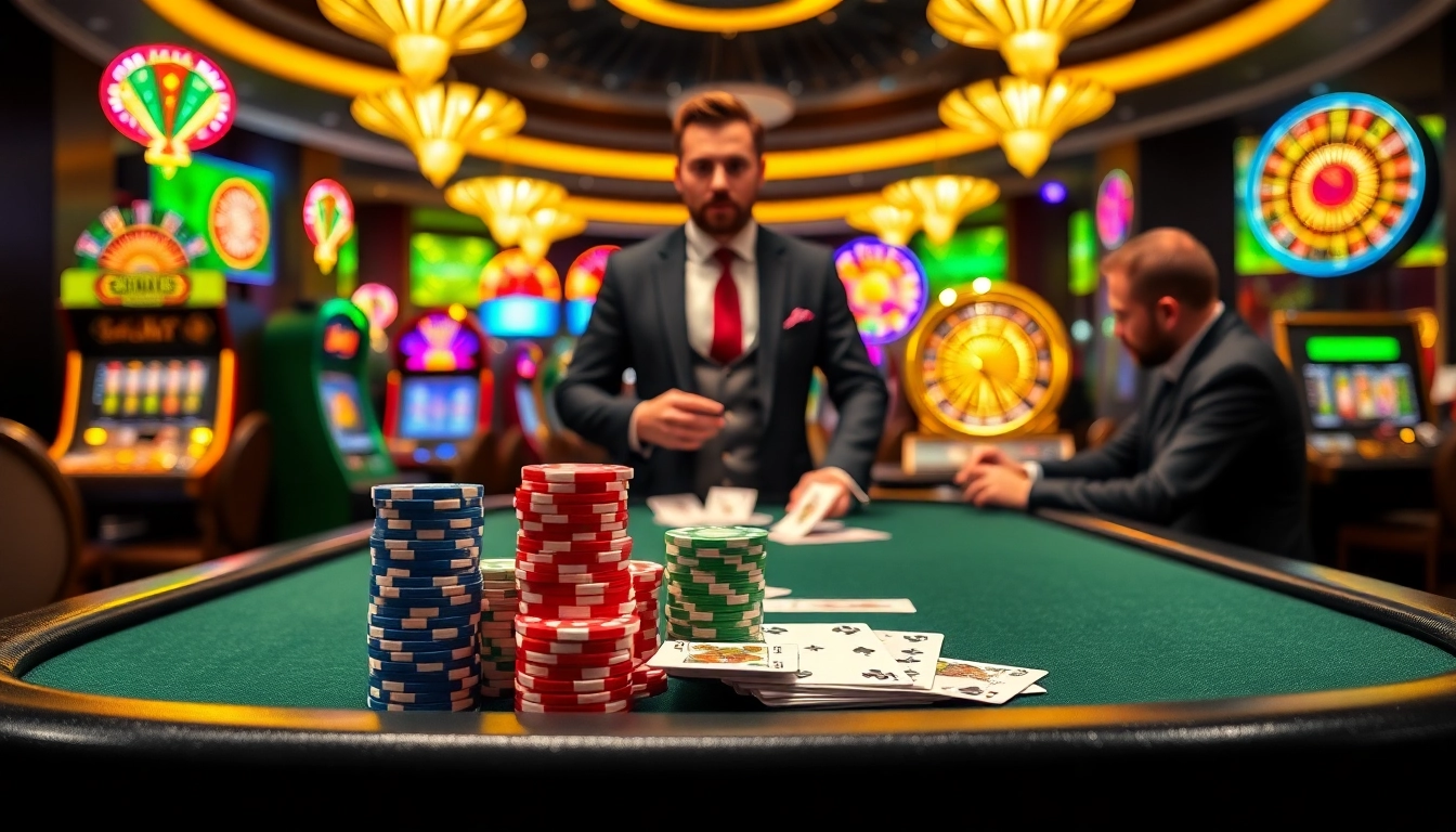 Experience the thrill of 23Win with vibrant casino visuals featuring poker tables and slot machines.