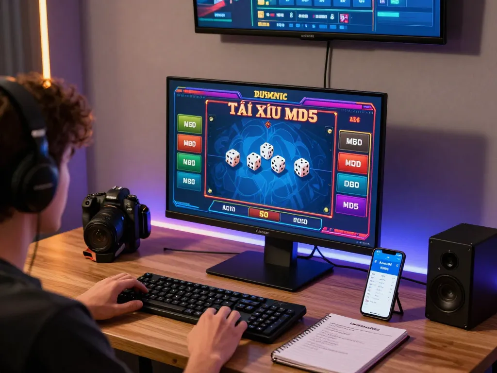 Player engaged in Tài Xỉu MD5 online gaming with colorful graphics and strategic notes.