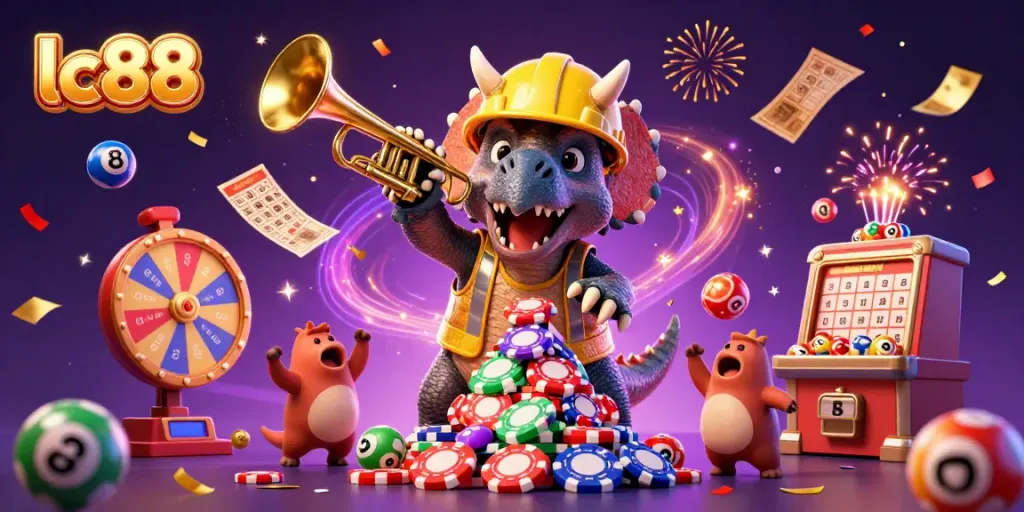 lc88 celebrates casino gaming with vibrant characters and colorful elements bursting in the backdrop.