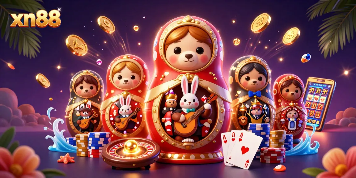 Experience the thrill of xn88 with vibrant casino elements and engaging characters in this cartoon illustration.