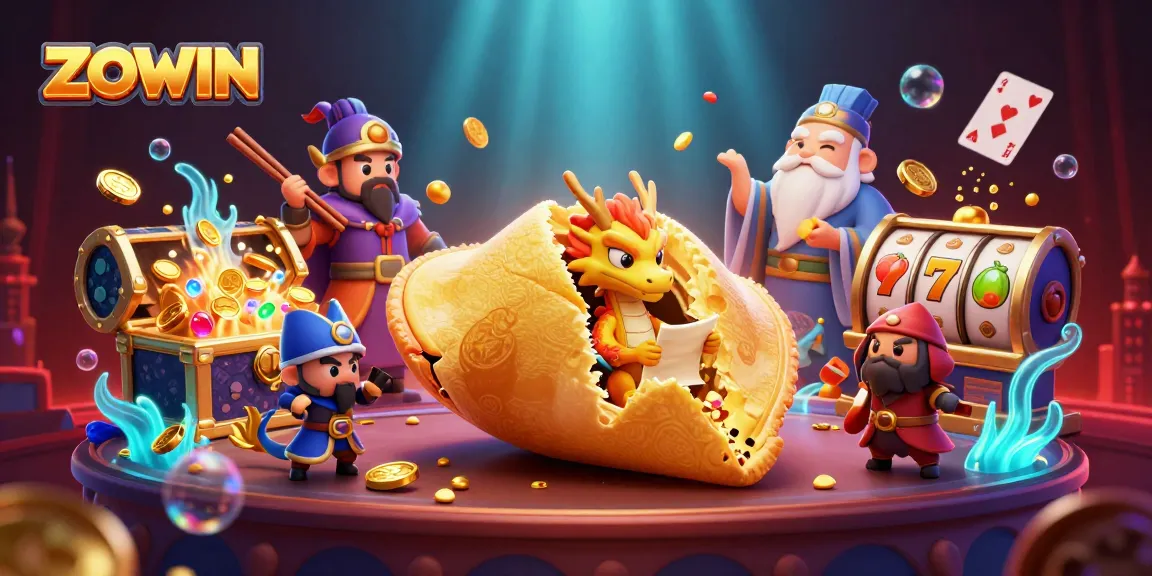 ZOWIN engages players with a vibrant casino scene featuring a giant fortune cookie and dynamic game elements.