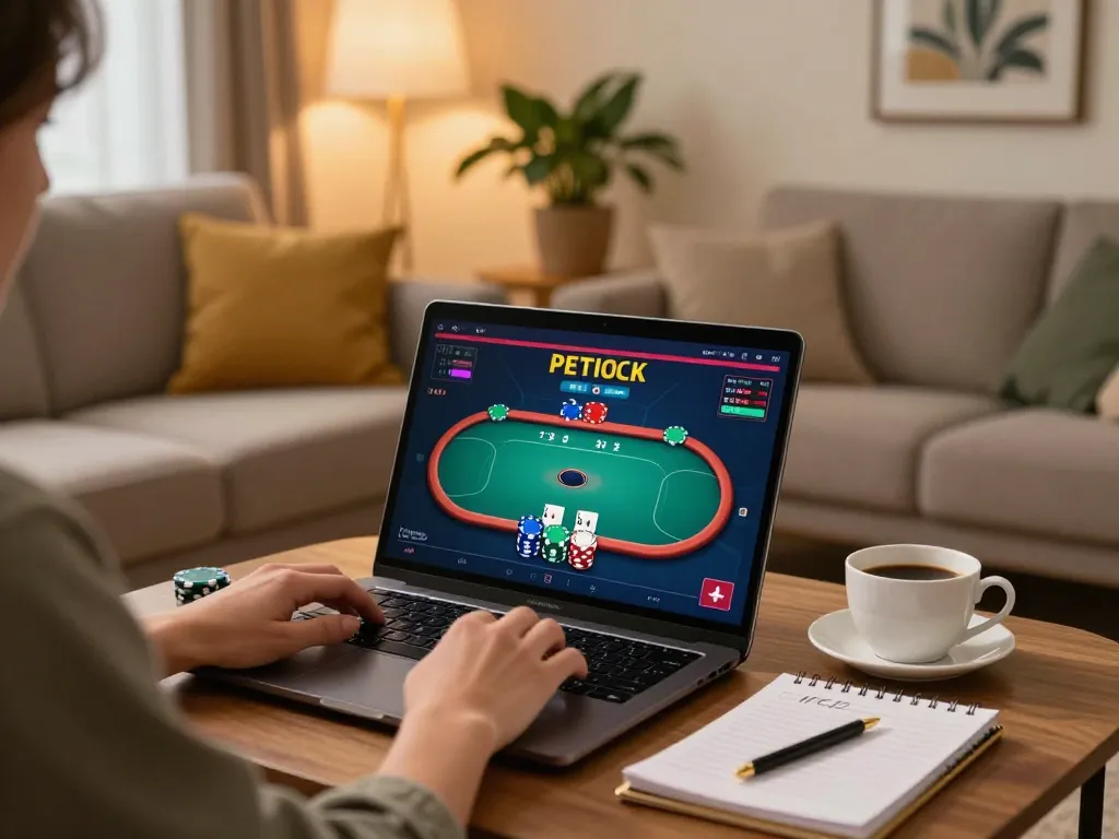 Bl555 player using laptop to strategize poker gameplay at home.