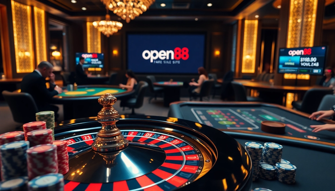 Experience the thrill of online gambling at open88 with poker chips and roulette tables.