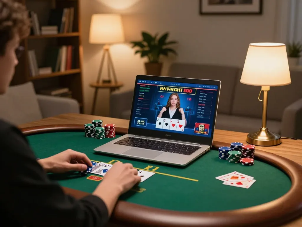 Engaged player using hz88 for online poker with strategic gameplay in a cozy setting.