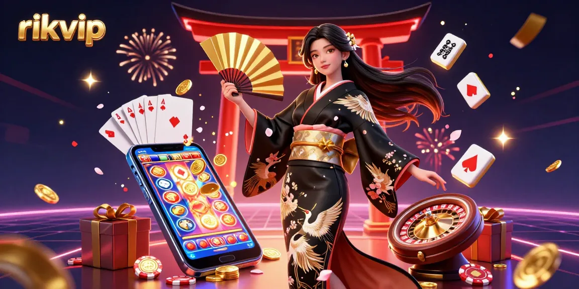 Experience the vibrant world of rikvip with a photorealistic Asian woman in a dynamic casino scene filled with games and festive elements.