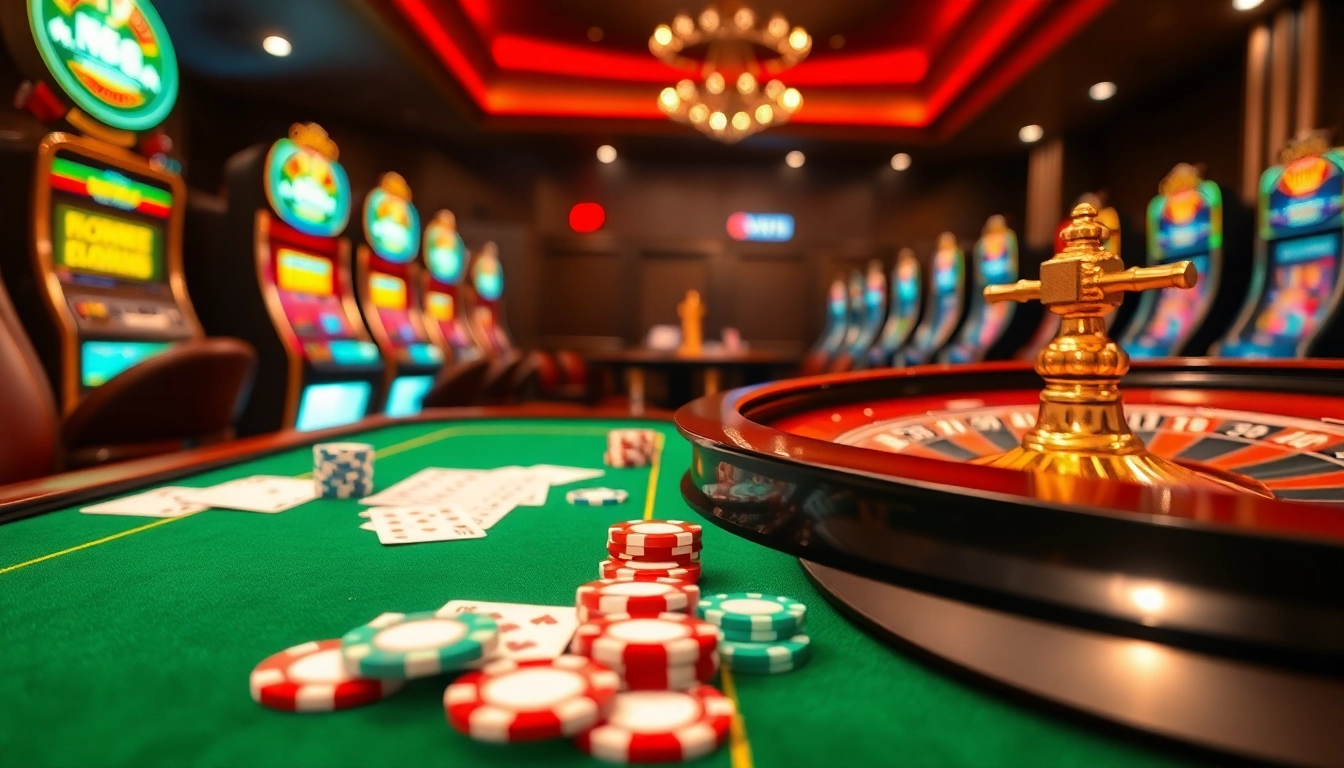 Experience NK88 with vibrant casino tables, poker chips, and roulette wheels in an exciting environment.