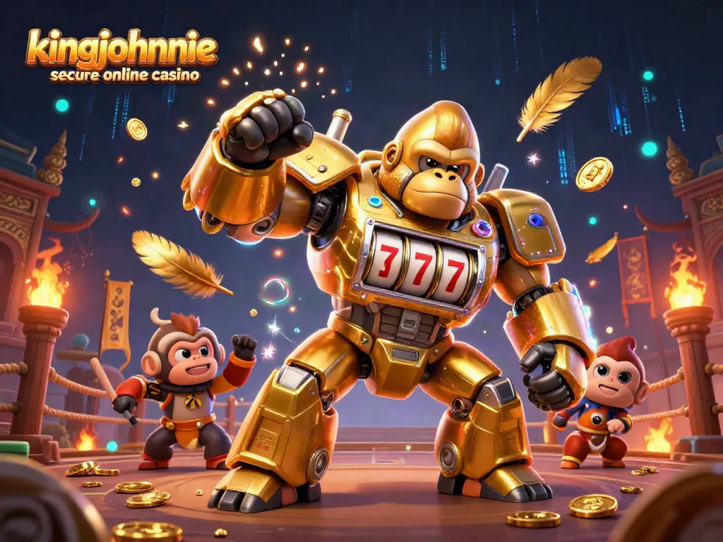 Experience the excitement at kingjohnnie secure online casino with a dynamic golden gorilla mech and vibrant game elements.