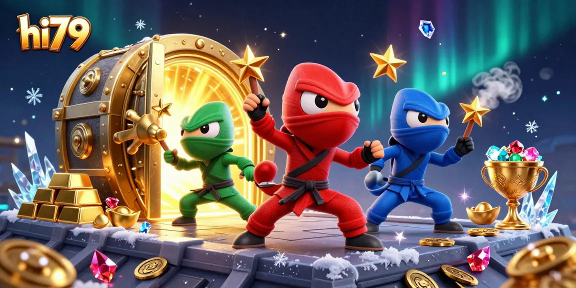 hi79 casino illustration featuring ninja chameleons unearthing treasures in a vibrant setting