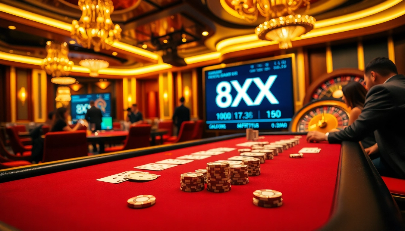Engaging gamblers at the 8XX casino table surrounded by vibrant colors and exciting games.