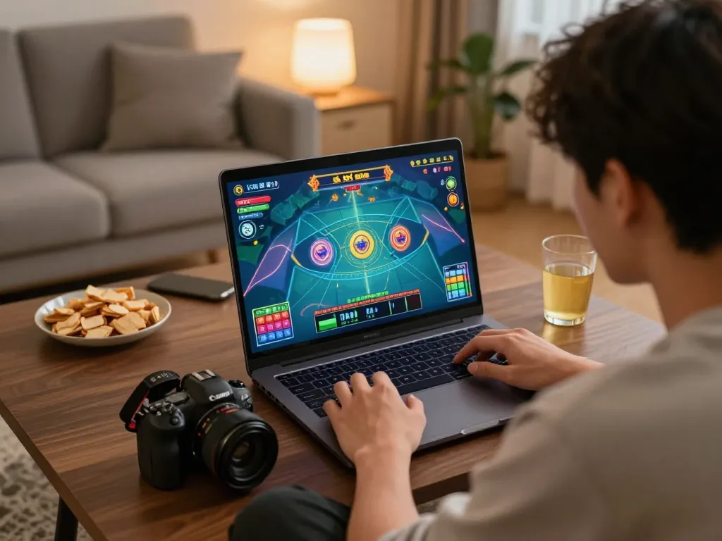 Tài xỉu sunwin gameplay on a laptop in a cozy living room, emphasizing online gaming strategy.