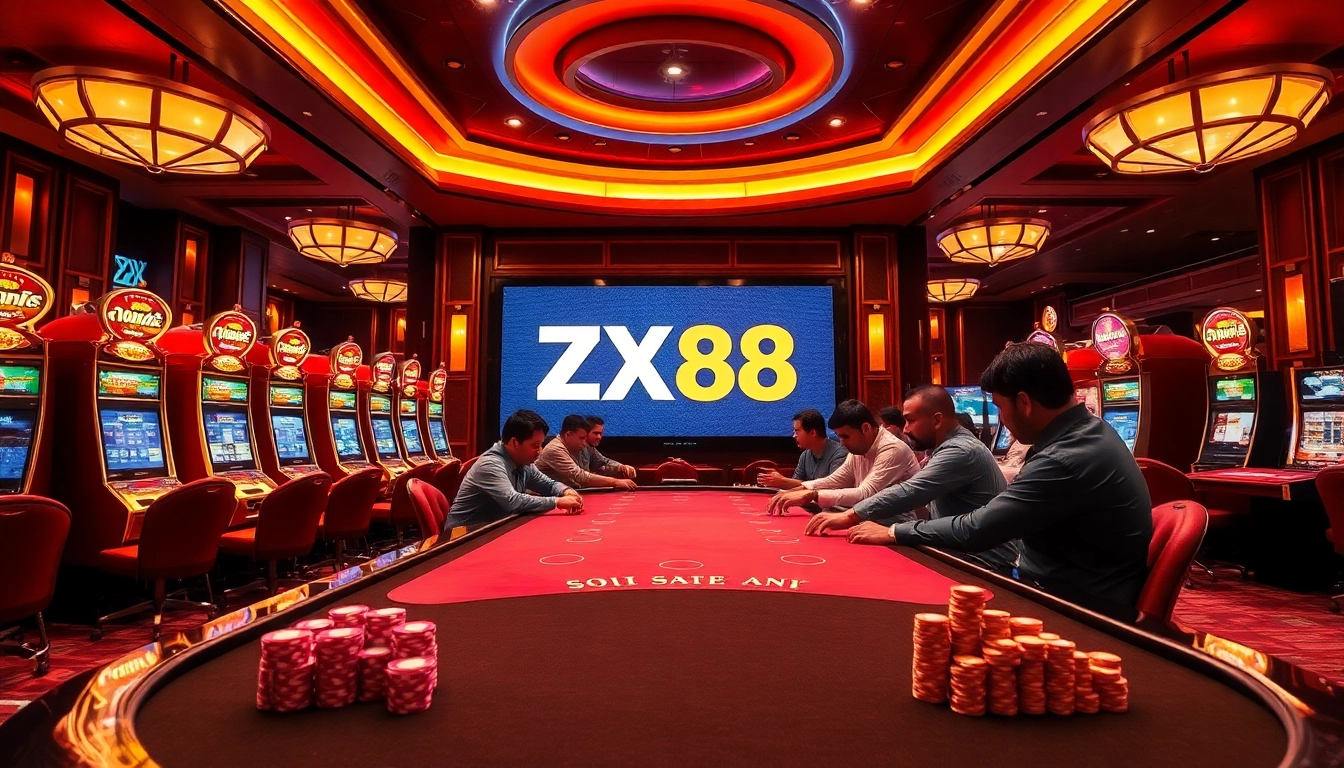 Engaging players at a luxurious ZX88 casino table with vibrant poker chips and slot machines.