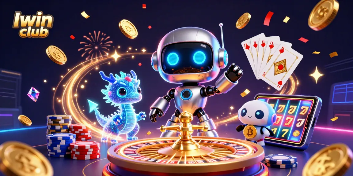 Experience the thrill of gaming with Iwin club as cyberpunk characters celebrate wins amidst vibrant casino elements.