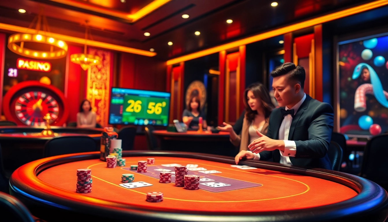 Experience the thrill of 68 game bài at a luxurious casino table, featuring vibrant gaming elements and excited players.