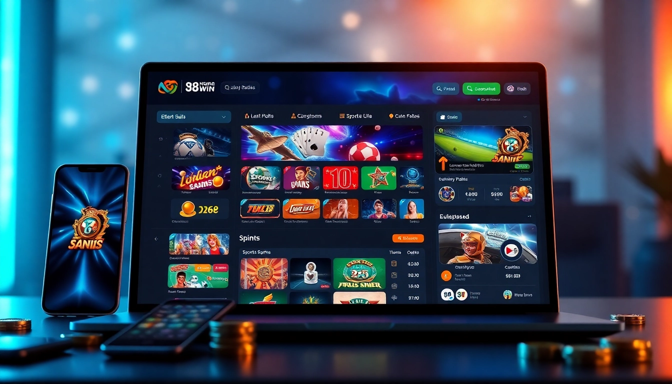 Visual representation of a vibrant online gambling platform interface for Nhà Cái 98Win, showcasing exciting casino games.